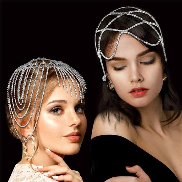 Taiyin 2 Pcs 1920s Headpiece Accessories for Women Crystal Rhinestone Head Chain